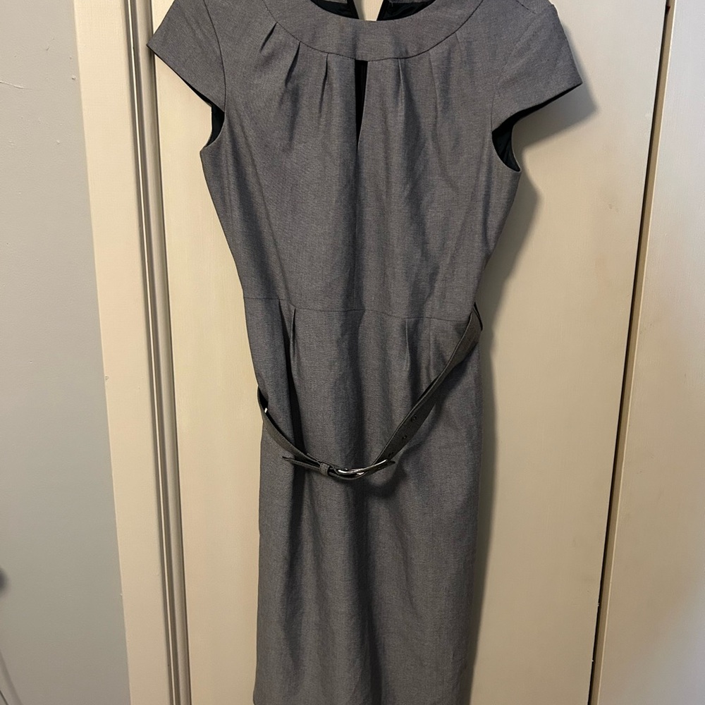 ANTONIO MELANI Gray Pleated Yoke Midi Sheath Dress with Belt